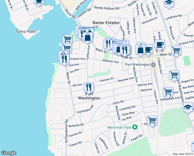 map of restaurants, bars, coffee shops, grocery stores, and more near 20 Adams Street in Port Washington