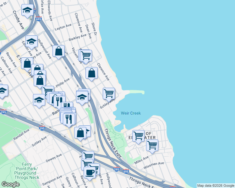 map of restaurants, bars, coffee shops, grocery stores, and more near 620 Clarence Avenue in The Bronx