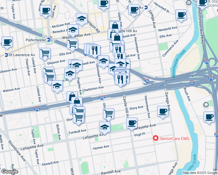 map of restaurants, bars, coffee shops, grocery stores, and more near 2122 Blackrock Avenue in Bronx