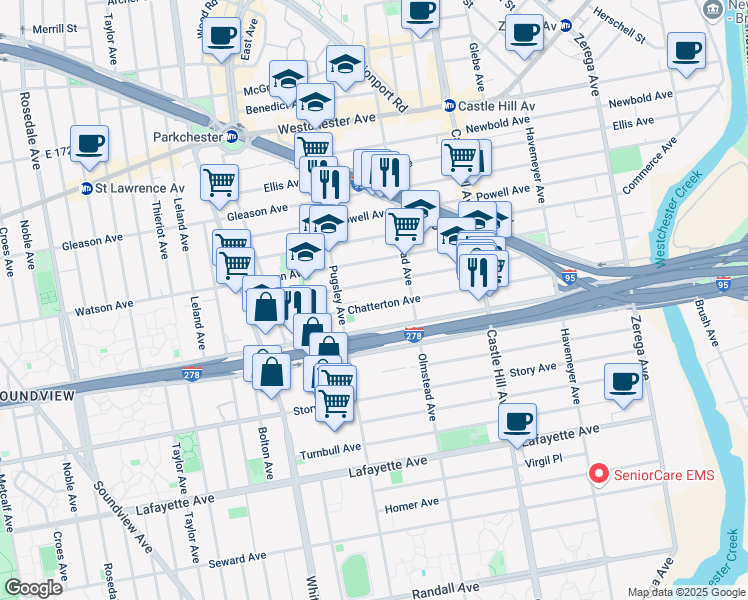 map of restaurants, bars, coffee shops, grocery stores, and more near 2019 Blackrock Avenue in Bronx