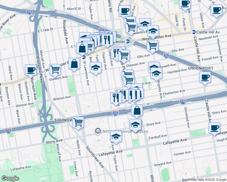 map of restaurants, bars, coffee shops, grocery stores, and more near 1111 Leland Avenue in The Bronx