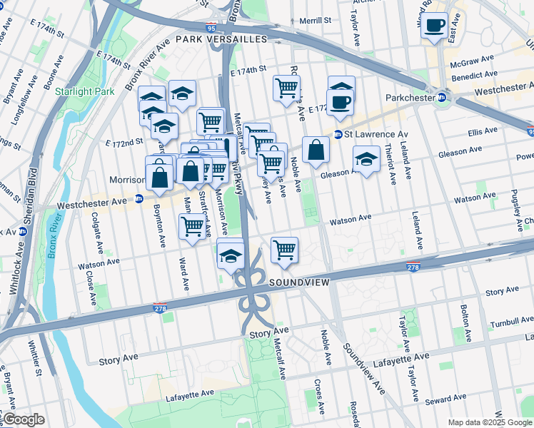 map of restaurants, bars, coffee shops, grocery stores, and more near 1140 Metcalf Avenue in Bronx