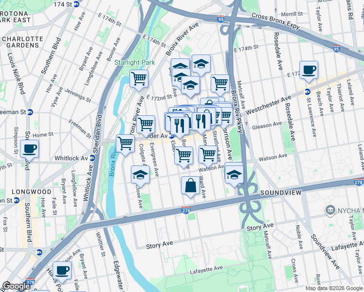 map of restaurants, bars, coffee shops, grocery stores, and more near 1540 Westchester Avenue in The Bronx