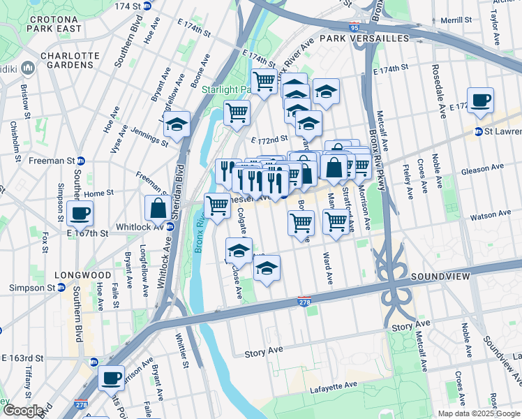map of restaurants, bars, coffee shops, grocery stores, and more near in The Bronx