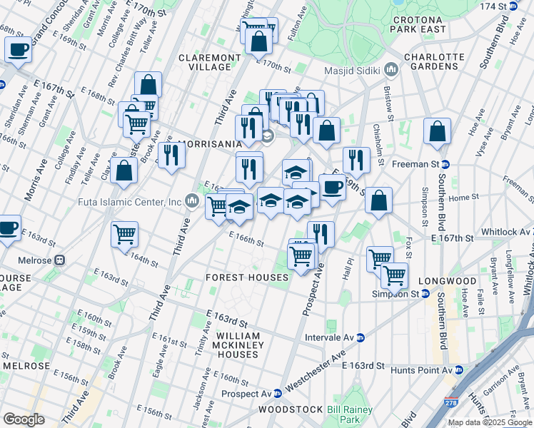 map of restaurants, bars, coffee shops, grocery stores, and more near 1157 Forest Avenue in Bronx