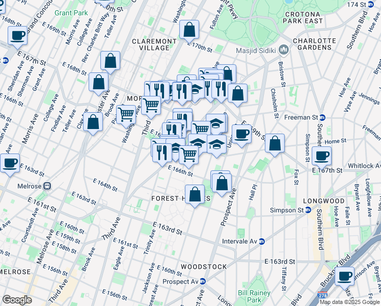 map of restaurants, bars, coffee shops, grocery stores, and more near 1133 Boston Road in The Bronx