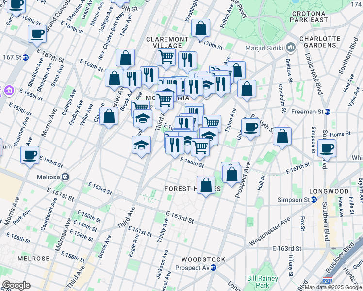 map of restaurants, bars, coffee shops, grocery stores, and more near 1142 Franklin Avenue in Bronx