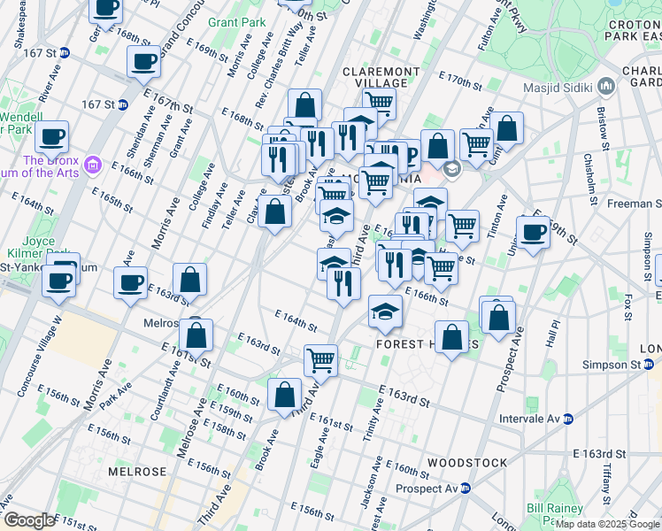 map of restaurants, bars, coffee shops, grocery stores, and more near 1102 Washington Avenue in Bronx