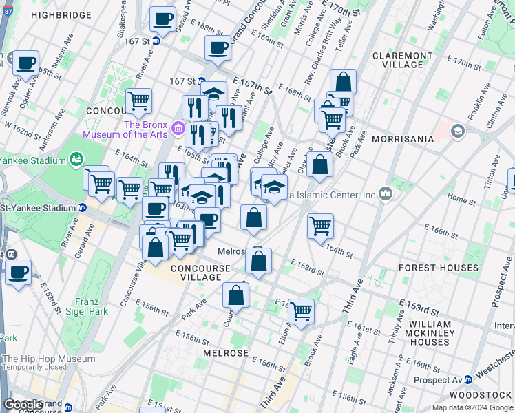 map of restaurants, bars, coffee shops, grocery stores, and more near in The Bronx