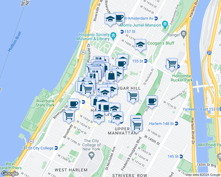 map of restaurants, bars, coffee shops, grocery stores, and more near 531 West 149th Street in New York