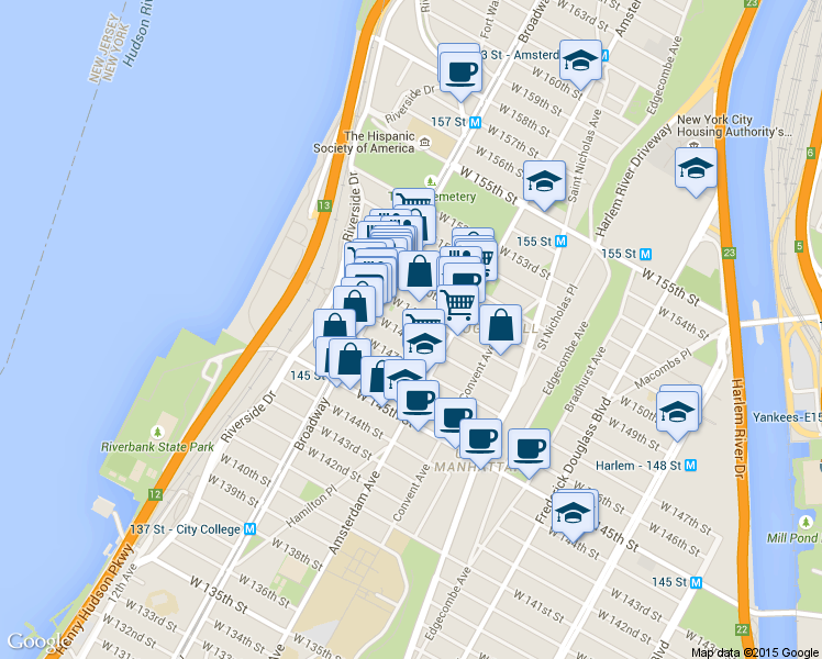 map of restaurants, bars, coffee shops, grocery stores, and more near 531 West 149th Street in New York