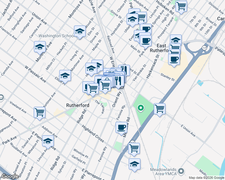 map of restaurants, bars, coffee shops, grocery stores, and more near 8 Station Square in Rutherford