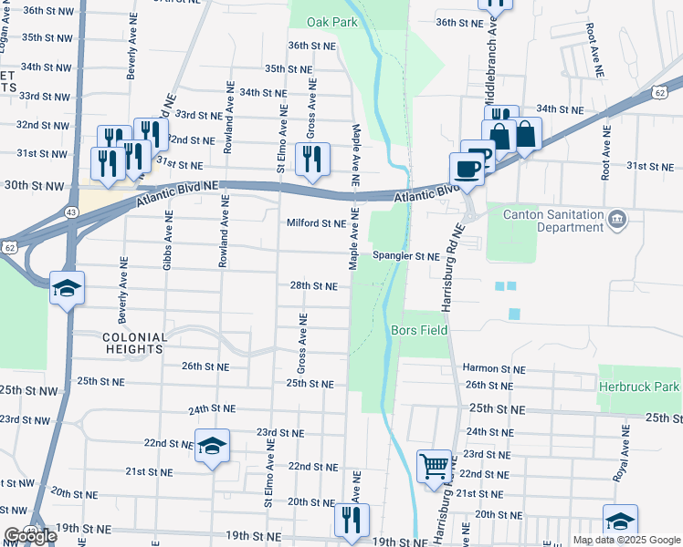 map of restaurants, bars, coffee shops, grocery stores, and more near 1630 Spangler Street Northeast in Canton