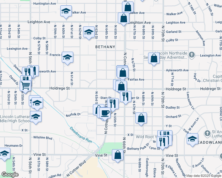 map of restaurants, bars, coffee shops, grocery stores, and more near 6350 Holdrege Street in Lincoln