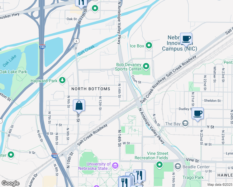 map of restaurants, bars, coffee shops, grocery stores, and more near 1321 Court Street in Lincoln