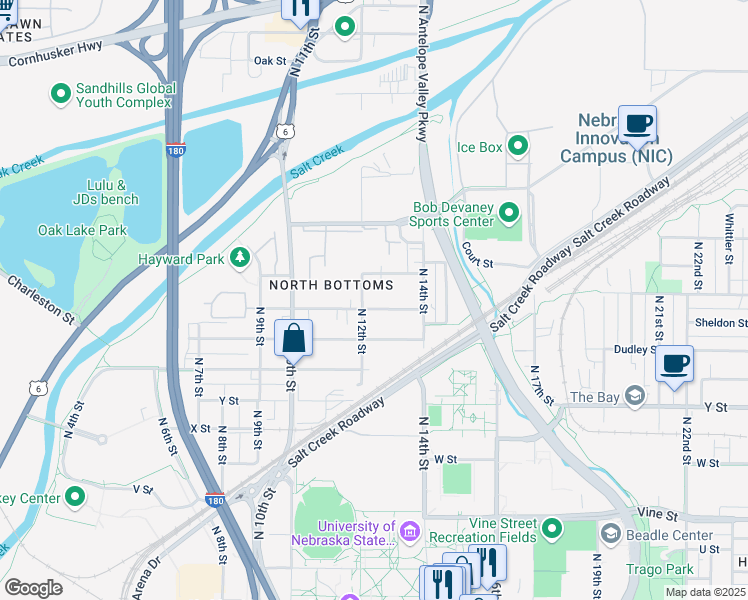 map of restaurants, bars, coffee shops, grocery stores, and more near 1509 North 13th Street in Lincoln