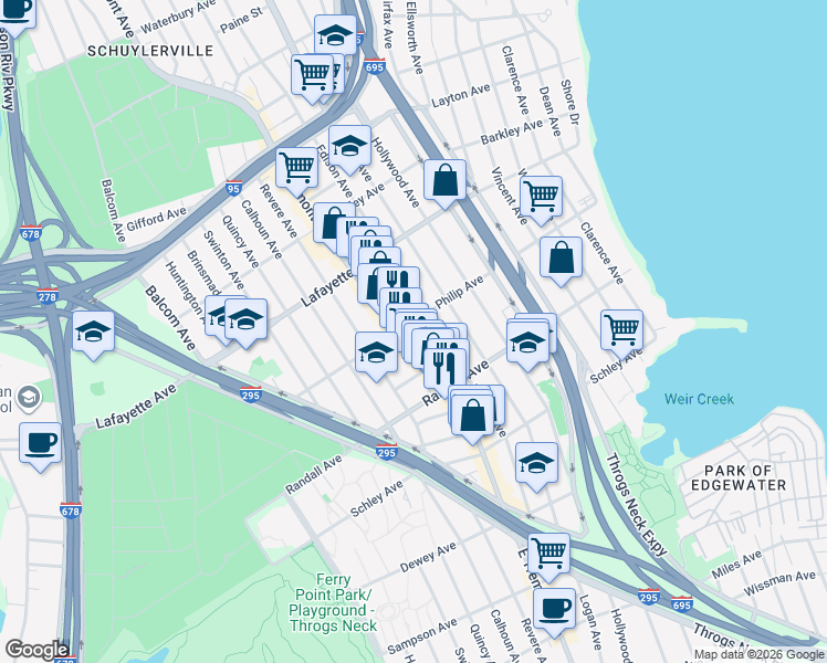 map of restaurants, bars, coffee shops, grocery stores, and more near 803 Edison Avenue in The Bronx