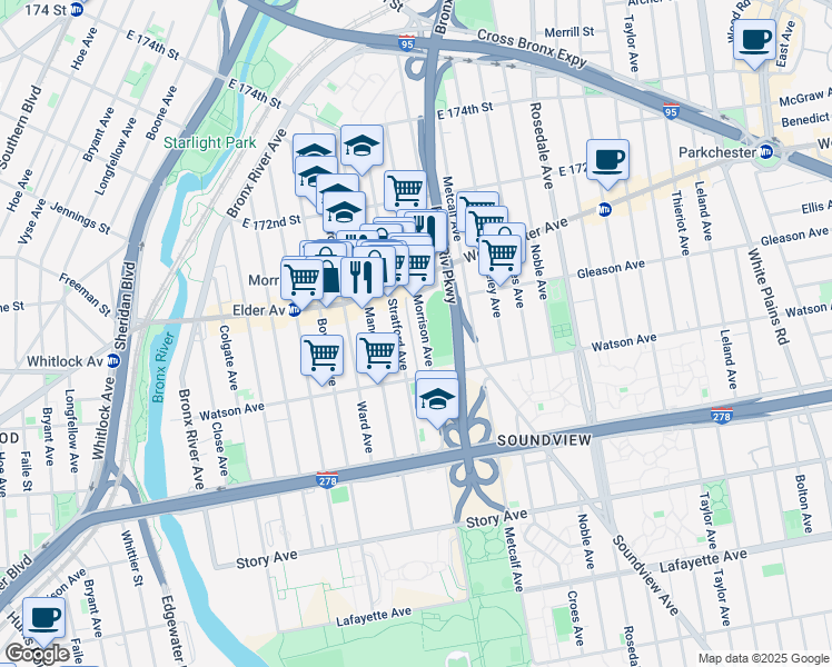map of restaurants, bars, coffee shops, grocery stores, and more near 1170 Stratford Avenue in Bronx
