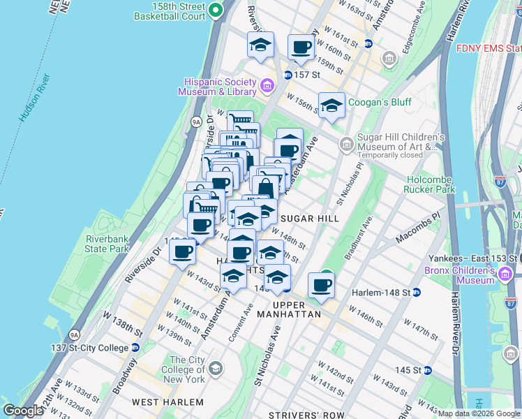map of restaurants, bars, coffee shops, grocery stores, and more near 506 West 149th Street in New York