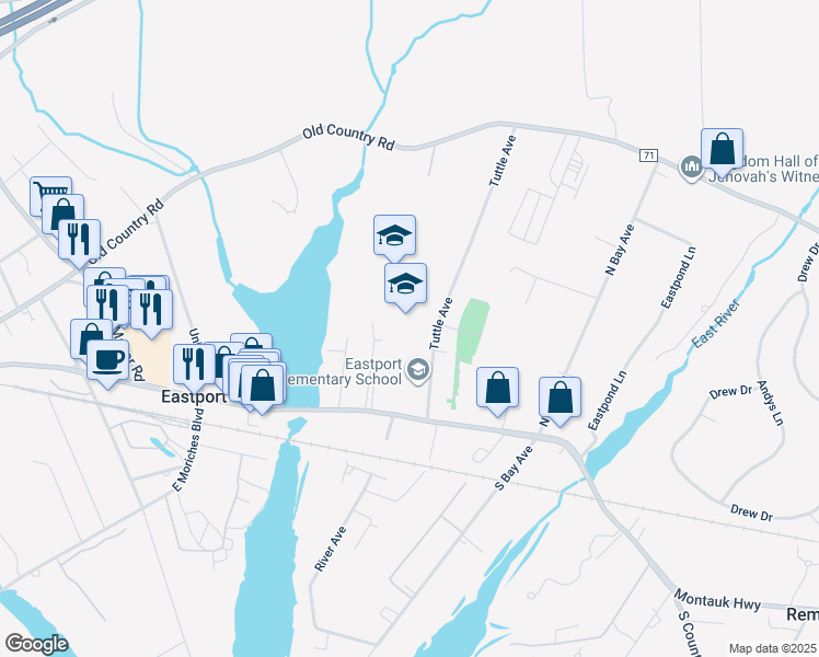 map of restaurants, bars, coffee shops, grocery stores, and more near 390 Montauk Highway in Eastport