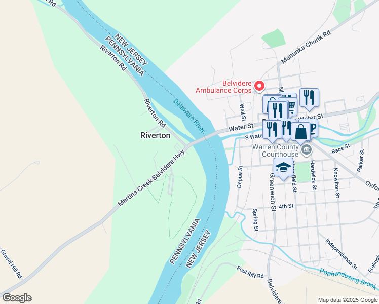 map of restaurants, bars, coffee shops, grocery stores, and more near 7767 Martins Creek Belvidere Highway in Bangor