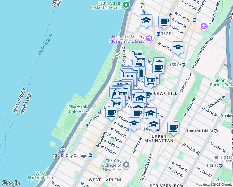 map of restaurants, bars, coffee shops, grocery stores, and more near 618 West 148th Street in New York