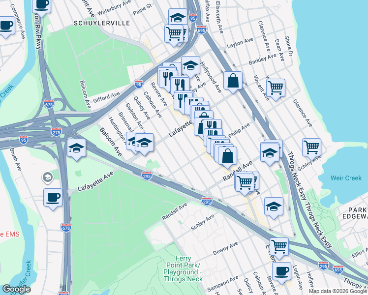 map of restaurants, bars, coffee shops, grocery stores, and more near 840 Revere Avenue in Bronx