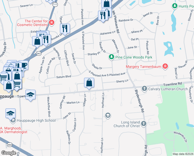 map of restaurants, bars, coffee shops, grocery stores, and more near 161 South Plaisted Avenue in Hauppauge
