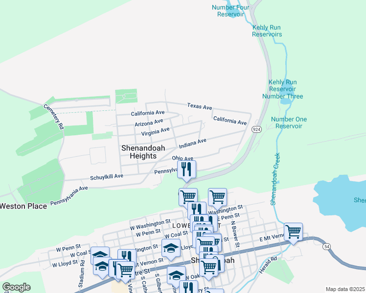 map of restaurants, bars, coffee shops, grocery stores, and more near Indiana Avenue in Shenandoah Heights