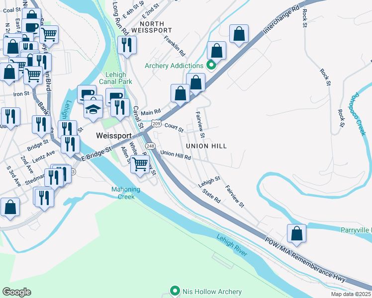map of restaurants, bars, coffee shops, grocery stores, and more near 218 Held Street in Lehighton