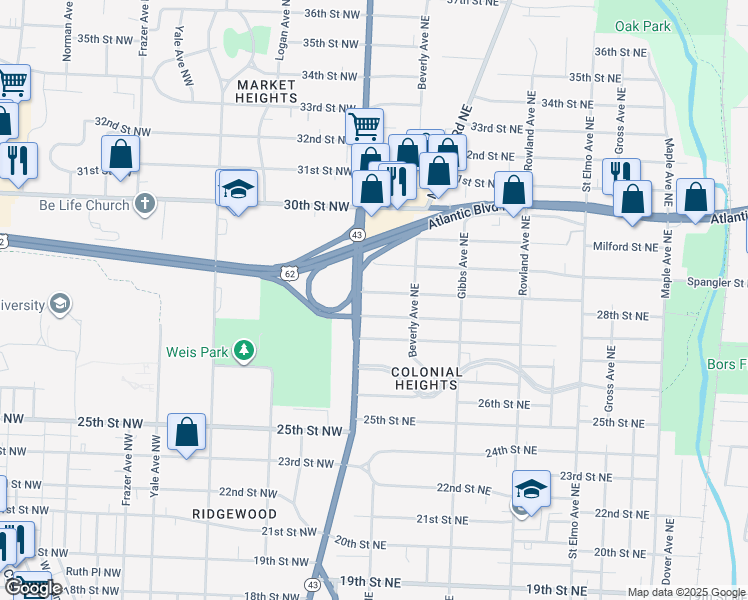map of restaurants, bars, coffee shops, grocery stores, and more near 110 29th Street Northeast in Canton