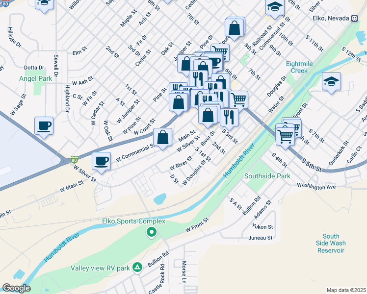 map of restaurants, bars, coffee shops, grocery stores, and more near 201 Mountain City Hwy in Elko