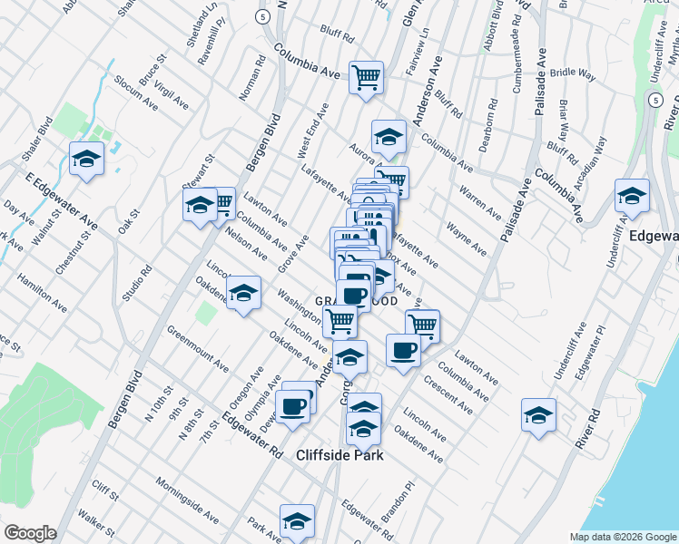 map of restaurants, bars, coffee shops, grocery stores, and more near 695 Anderson Avenue in Cliffside Park