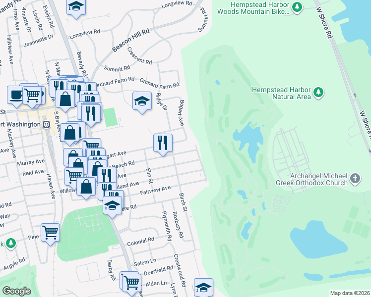 map of restaurants, bars, coffee shops, grocery stores, and more near 48 Bogart Avenue in Port Washington