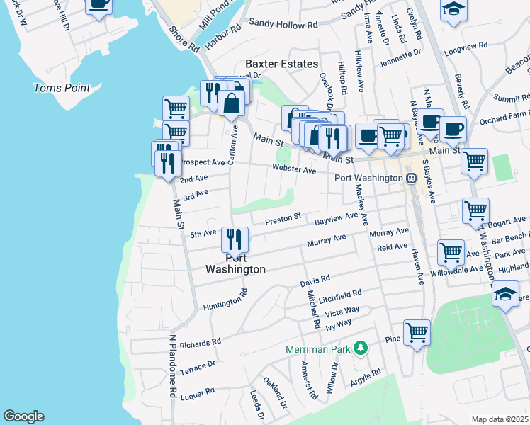 map of restaurants, bars, coffee shops, grocery stores, and more near 20 Adams Street in Port Washington