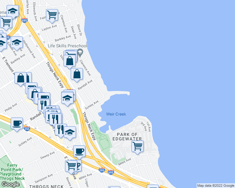 map of restaurants, bars, coffee shops, grocery stores, and more near 600 Clarence Avenue in Bronx