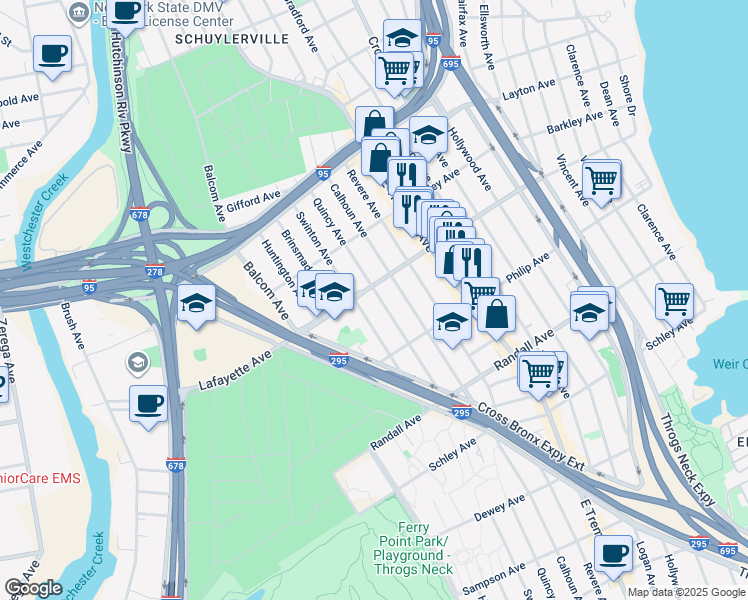 map of restaurants, bars, coffee shops, grocery stores, and more near 2844 Lafayette Avenue in The Bronx