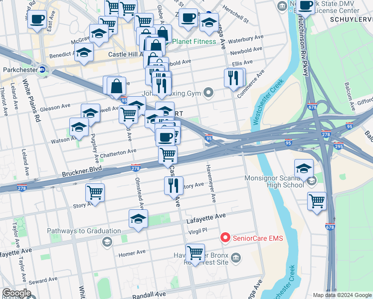 map of restaurants, bars, coffee shops, grocery stores, and more near 2250 Chatterton Avenue in The Bronx
