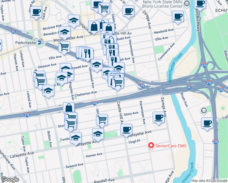 map of restaurants, bars, coffee shops, grocery stores, and more near in The Bronx