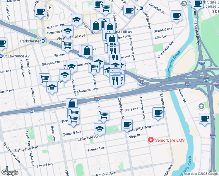 map of restaurants, bars, coffee shops, grocery stores, and more near in The Bronx