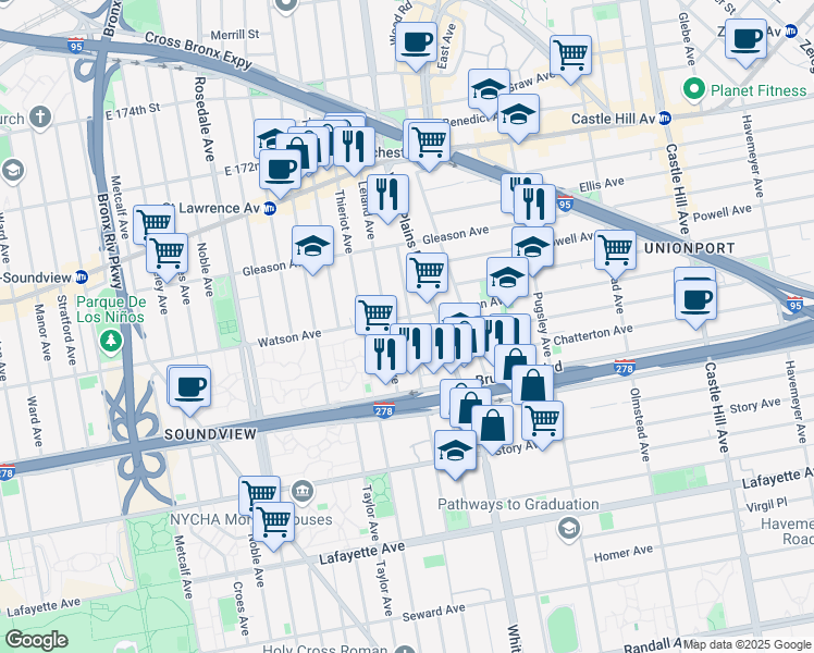 map of restaurants, bars, coffee shops, grocery stores, and more near 1895 Watson Avenue in The Bronx