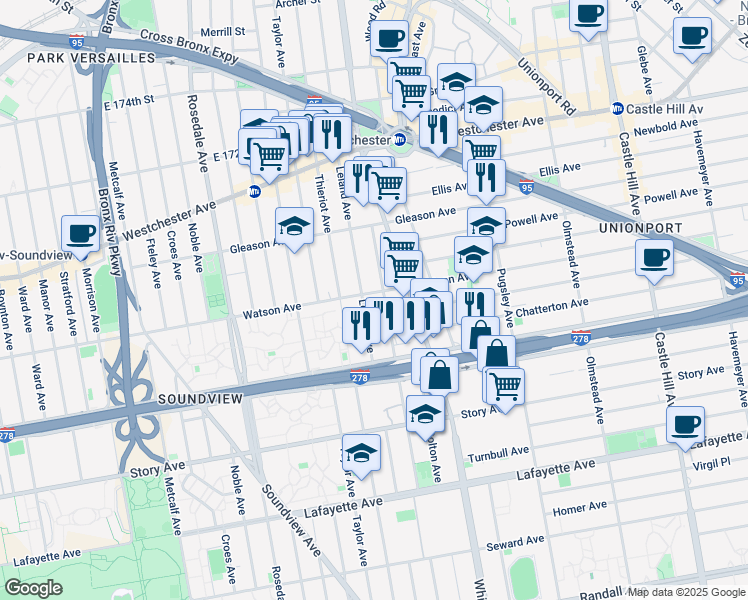 map of restaurants, bars, coffee shops, grocery stores, and more near 1895 Watson Avenue in The Bronx
