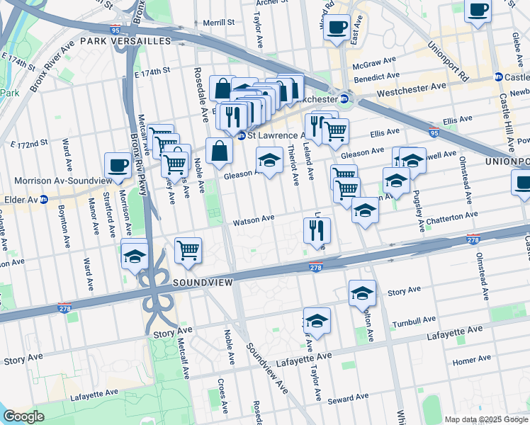 map of restaurants, bars, coffee shops, grocery stores, and more near 1121 Beach Avenue in The Bronx