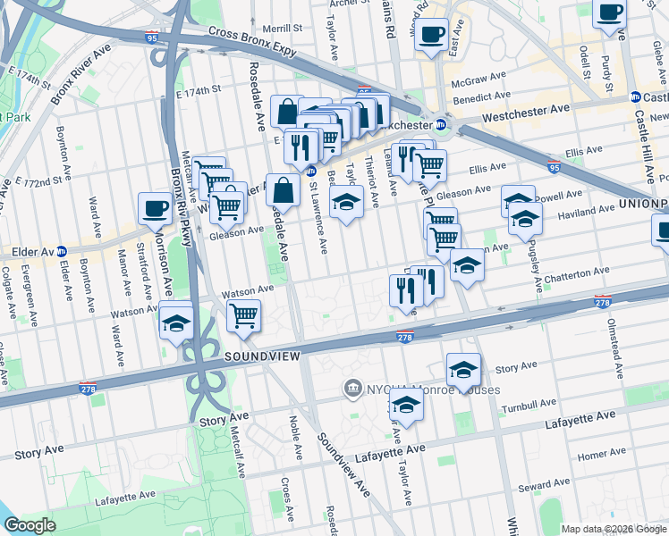 map of restaurants, bars, coffee shops, grocery stores, and more near 1121 Beach Avenue in The Bronx
