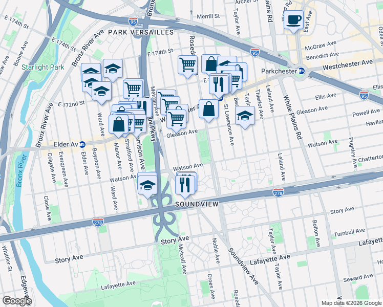 map of restaurants, bars, coffee shops, grocery stores, and more near 1143 Croes Avenue in Bronx