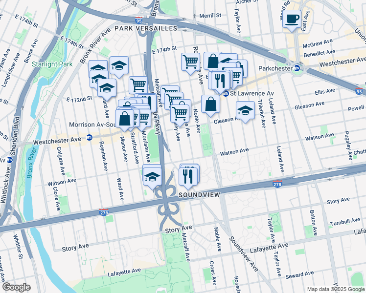 map of restaurants, bars, coffee shops, grocery stores, and more near 1143 Croes Avenue in Bronx