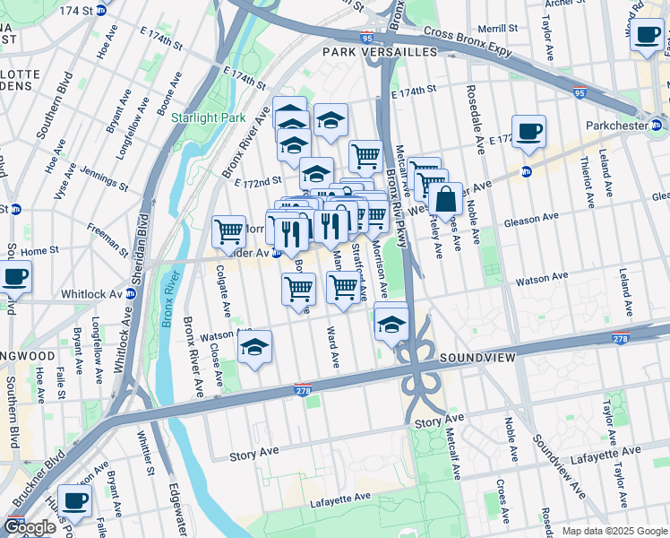 map of restaurants, bars, coffee shops, grocery stores, and more near 1167 Manor Avenue in Bronx