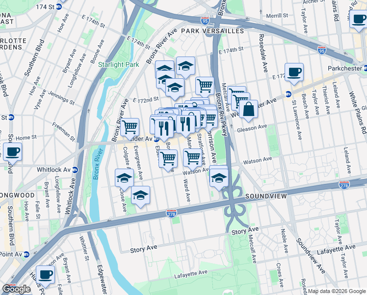 map of restaurants, bars, coffee shops, grocery stores, and more near 1167 Manor Avenue in Bronx