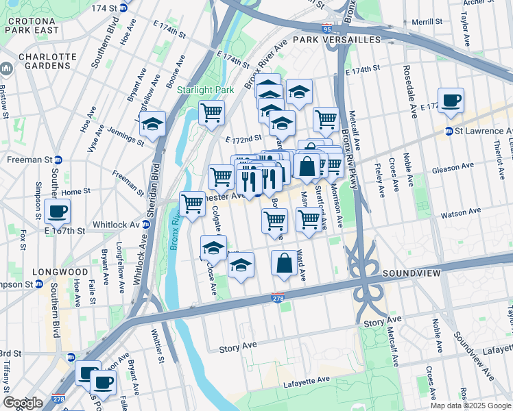 map of restaurants, bars, coffee shops, grocery stores, and more near 1520-1528 Westchester Avenue in The Bronx