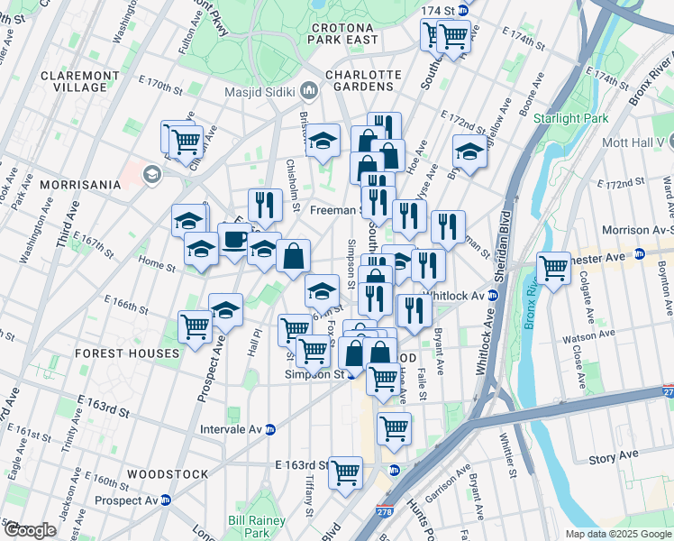 map of restaurants, bars, coffee shops, grocery stores, and more near 927 Home Street in Bronx